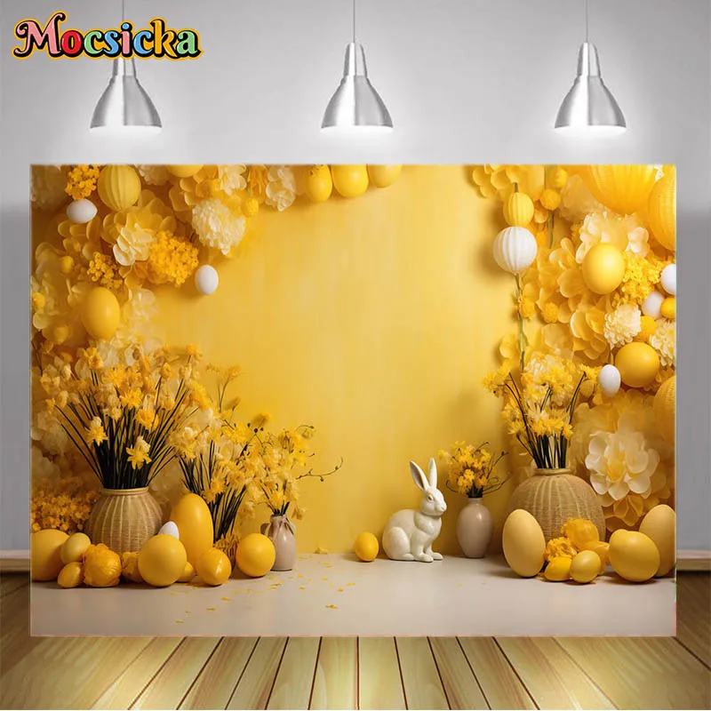 

Mocsicka Photography Background Yellow Wall Bunny Eggs Flower Children Spring Portrait Backdrop Baby Shower Newborn Photo Banner