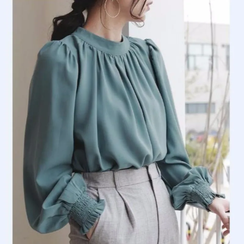 

Japanese Sle Loose Long Sve Baby Doll irt Pure Color Women's Autumn New Versatile Slimming Belted Chiffon Blouse