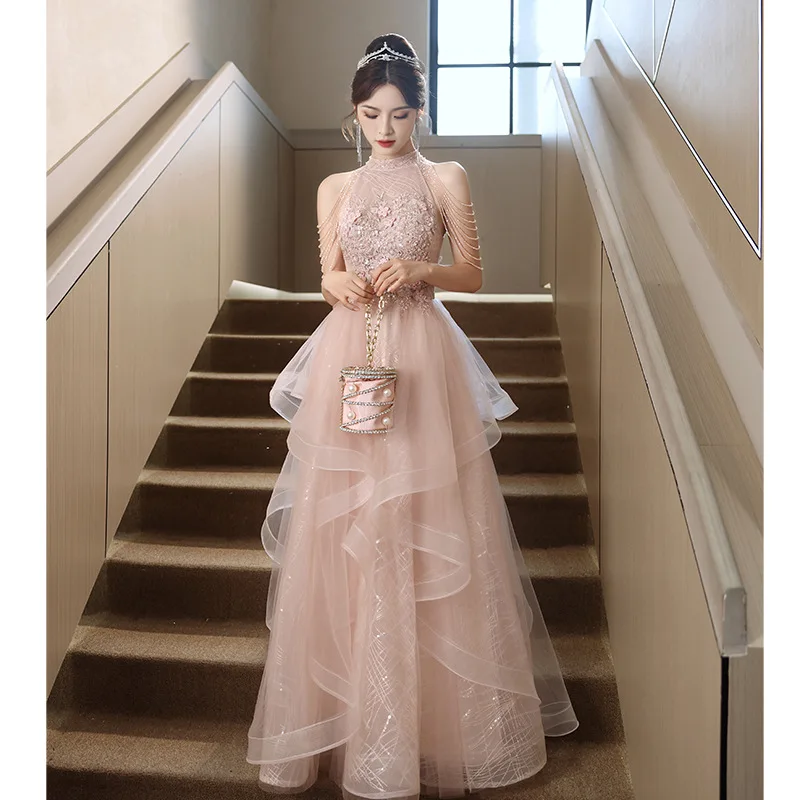 DSP Elegant A Line O Neck Tulle Prom Dresses 2024 Luxury Beading Evening Party Dress with Appliques Formal Dress for Woman