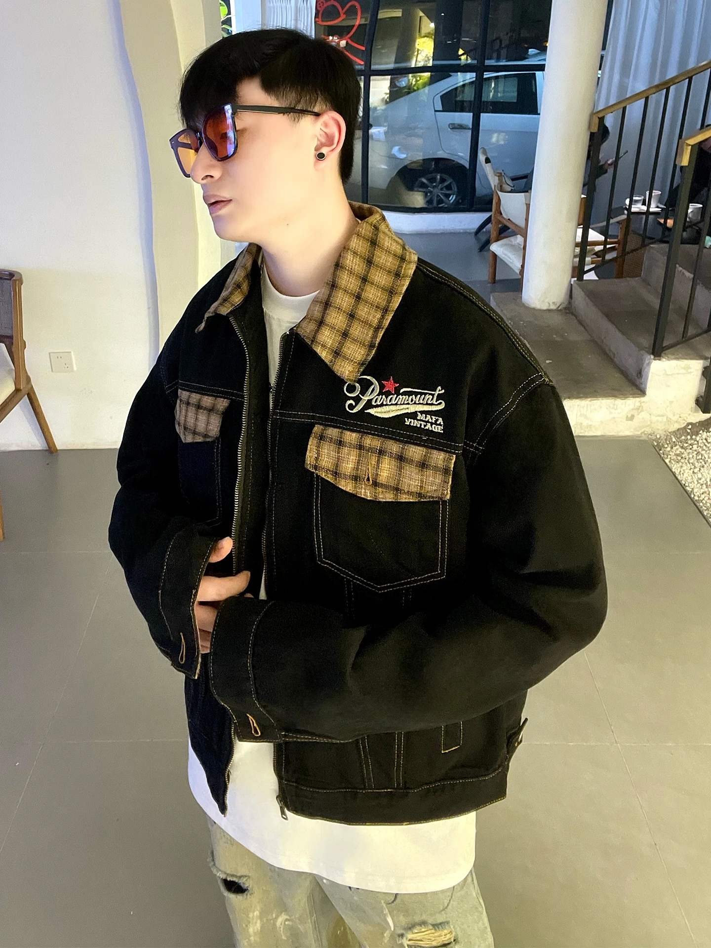 

American Retro Plaid Splicing Collar Denim Jaet Loose Casual Spring Youth Trendy Men's Outerwear Cotton Polyester Blend