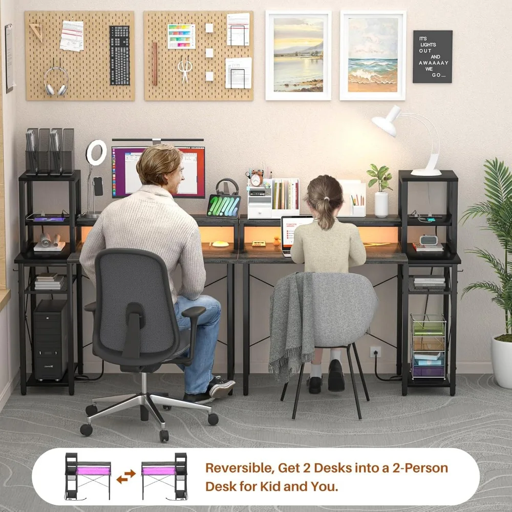 LED-Illuminated Gaming Desk, Long Monitor Stand, 40 Reversible Laptop Table with Storage Space for Computer Accessories