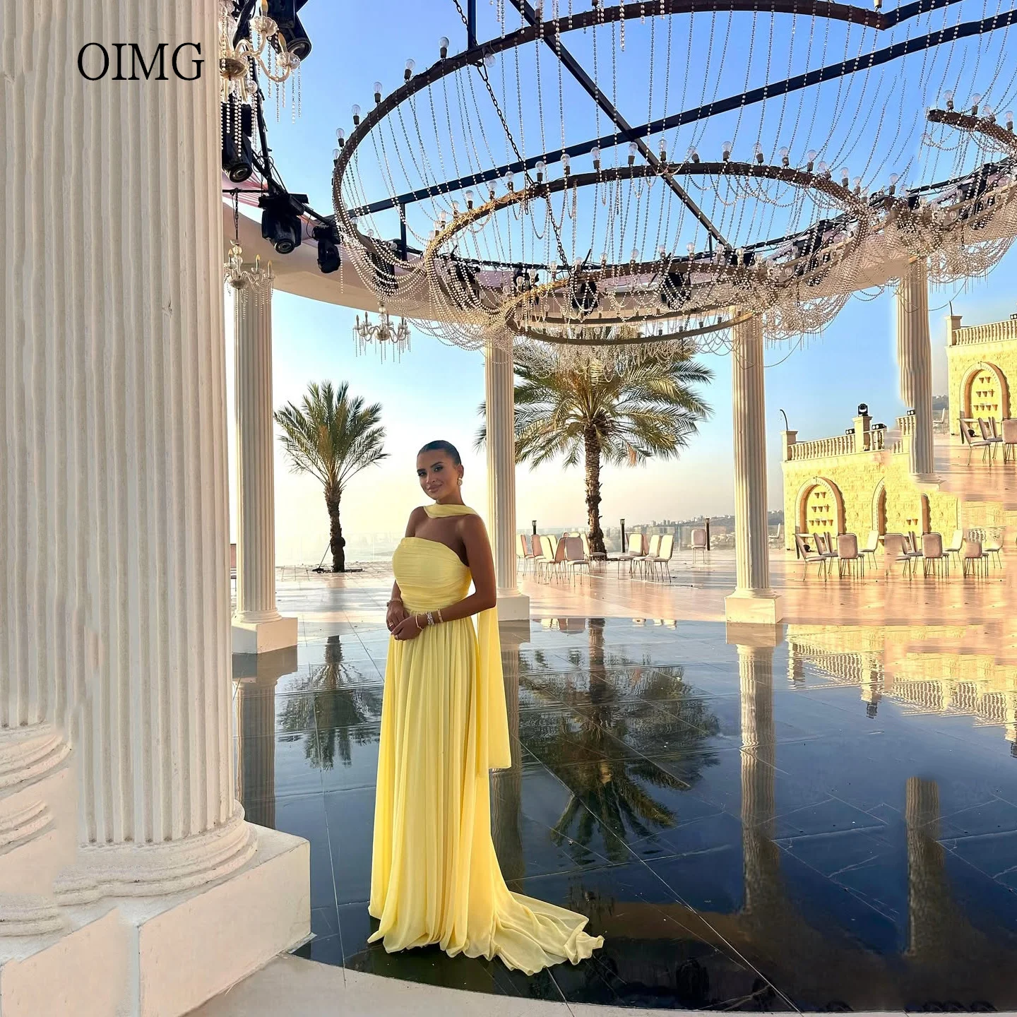 

OIMG Classic Yellow Strapless A Line Prom Gowns Backless Party Gown Chiffon Floor Length Gala-ready Evening Dress Customized