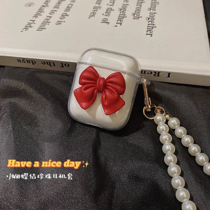 Niedliche 3D-Bowknot, transparent, für AirPods 1 2 3, Hülle für Air Pods Pro 2 Hüllen, Kopfhörer-Zubehör-Abdeckung mit Perlen-Perlen-Schlüsselanhänger