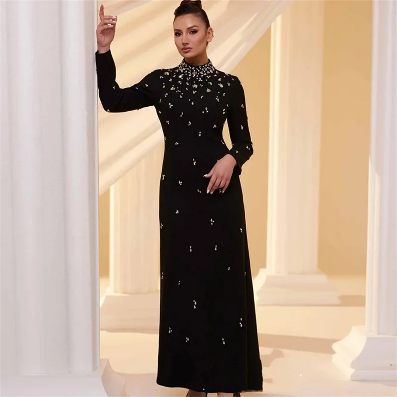 

Black Prom Dresses for Woman Customized High Neck Long Sleeves Beading Crystal Ankle Length Saudi Arabic Evening Party Gown