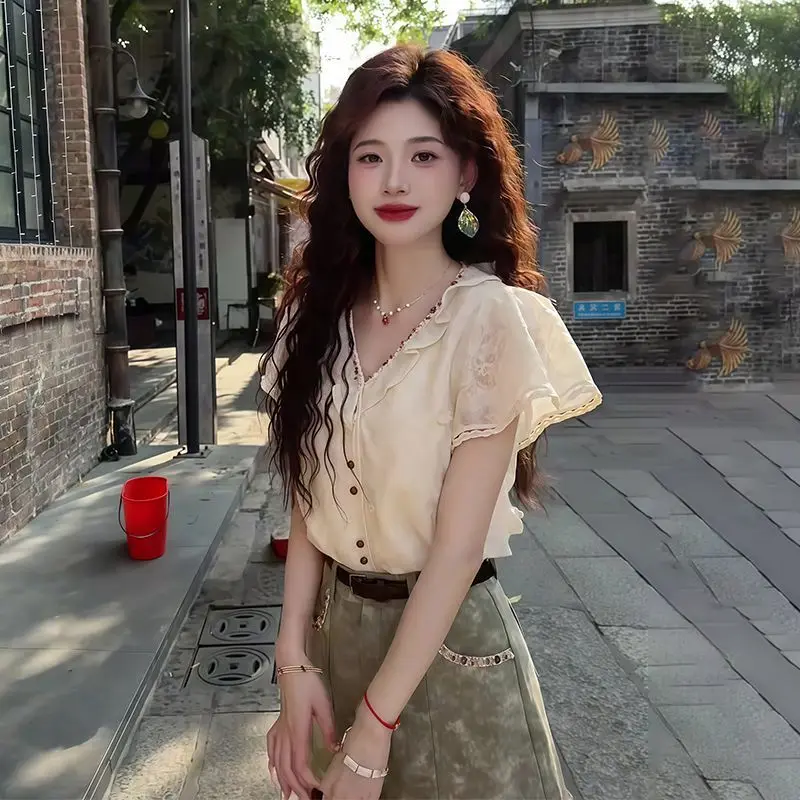 

Wrinkle Resistant Chiffon Patchwork Pintuck Loose Short Sleeve Shirts Womens French Artistic Feminine Student Urban Youthful