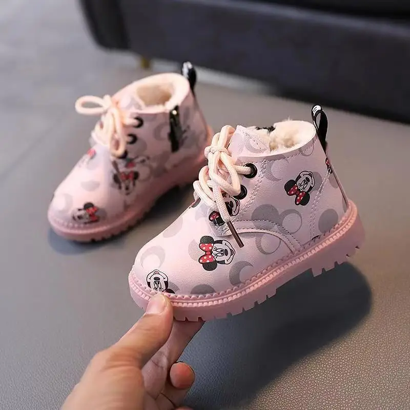 Disney Children\'s Plus Velvet Boots Kids Short Boot Children Leather Boots Cartoon Boys Girls Autumn Winter Cotton Shoes 21-30