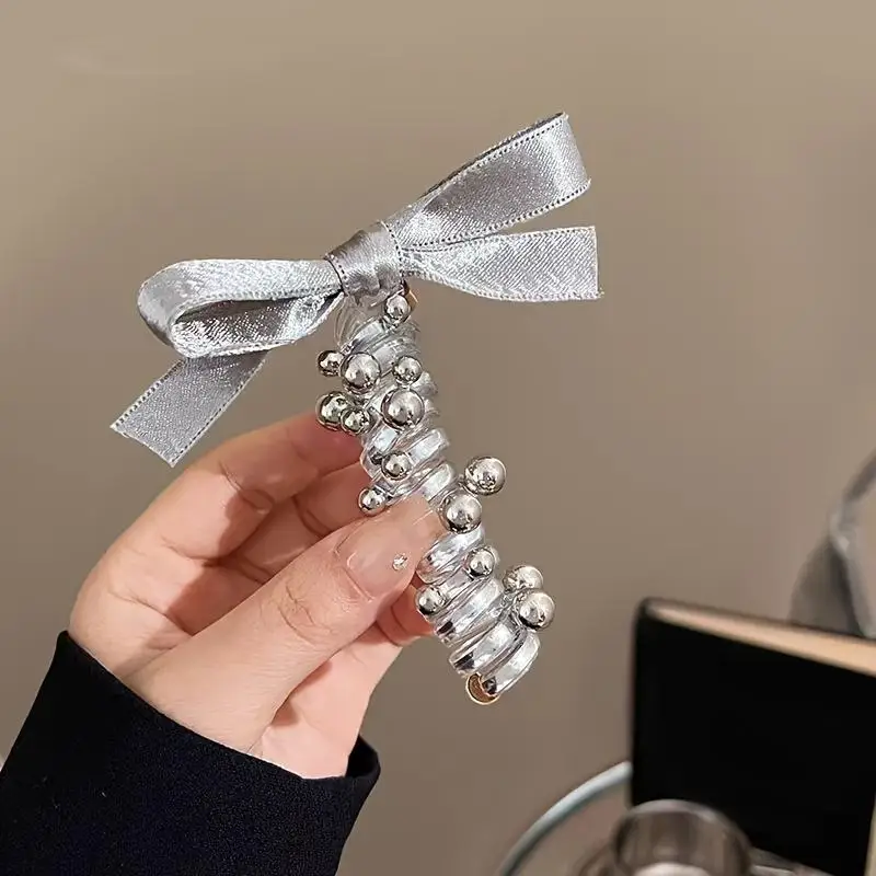 1pc women's silver bow phone line hair loop simple for the back of the head ponytail dress suitable for daily parties