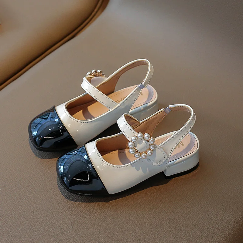 Patent Leatherette Heeled Slingback Sandals for Girl Elegant Wedding Party Shoes Kids Luxury Pearl Buckle Brand Design Sandalias