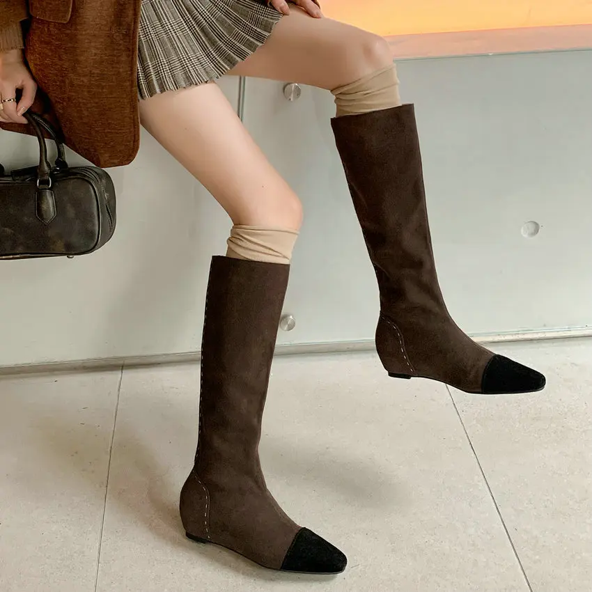 Qutaa botas de salto alto femininas, botas até o joelho, sapatos de couro de camurça vaca, tamanho 34-39, sapatos de festa, outono e inverno, 2024