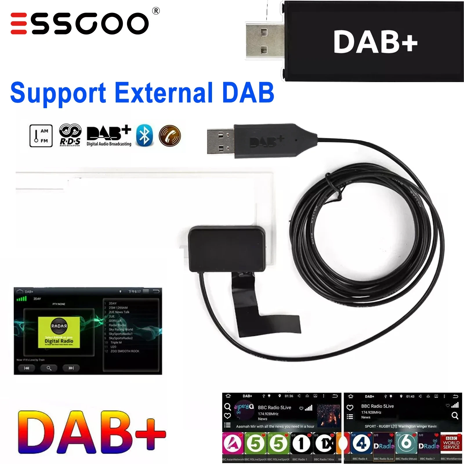 ESSGOO Car USB Android DAB+ Car Radio Adapter Digital Tuner Audio Receiver Antenna For Android Car Stereo Radio Head Unit Player