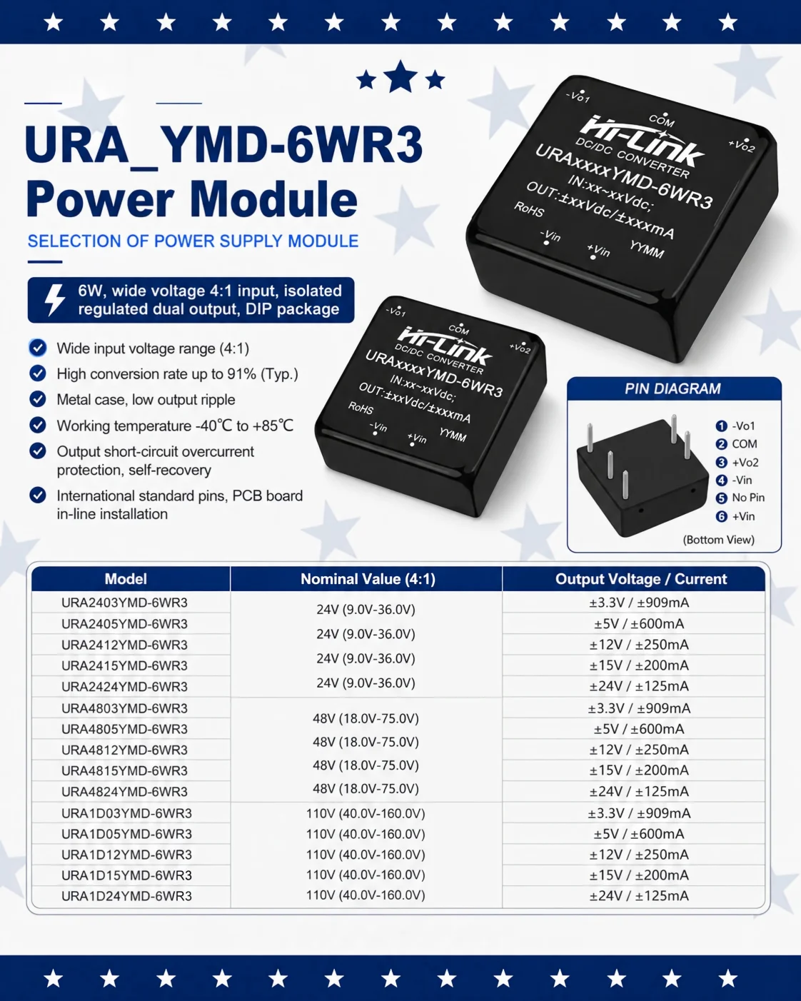 Hi-Link6W DIP Packaged Cartridge URA2405YMD URA2412YMD URA2424YMD 9 To 36V Nominal 24V Input Standard Pin Inline Mount Component