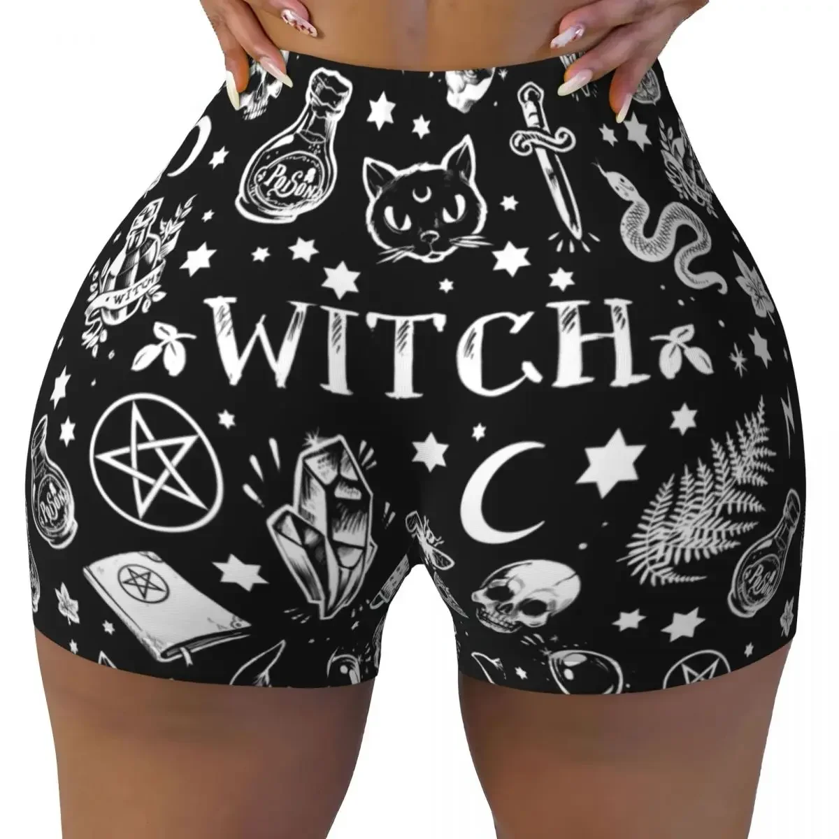 

Шорты для волейбола и байкера с рисунком ведьмы на заказ, женские шорты для йоги на Хэллоуин, оккультные готические волшебные спортивные шорты для йоги