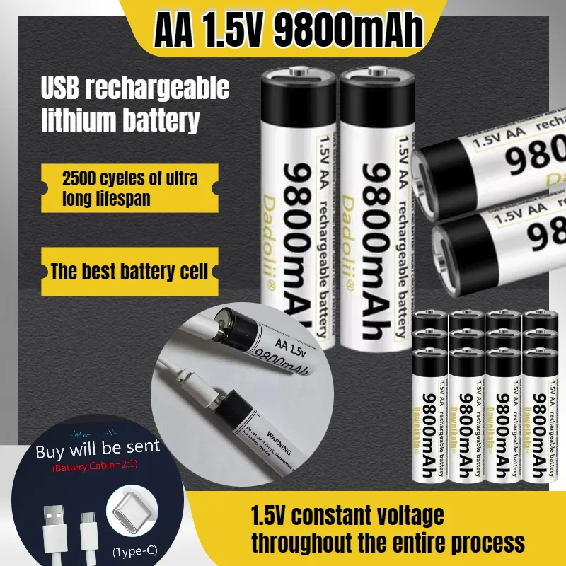 

9800mAh USB-C Rechargeable AA Li-ion Battery - 1.5V Fast Charging for Remote Control/Mouse/Electric Toys, Includes USB-C Cable