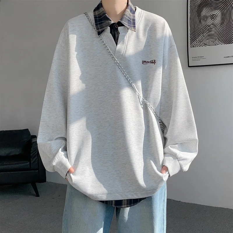 

Trendy Oversized Plaid Sweatirt Men's Long Sve T-irt Spring American Spor Loose Fit Embroidered aphical Print Stre...