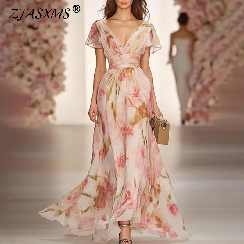 Summer Short Sleeve Zip Maxi Dress VestidoBoho Style Elegant Floral Print Long Dress Woman Spring V Neck High Waist Party Dress