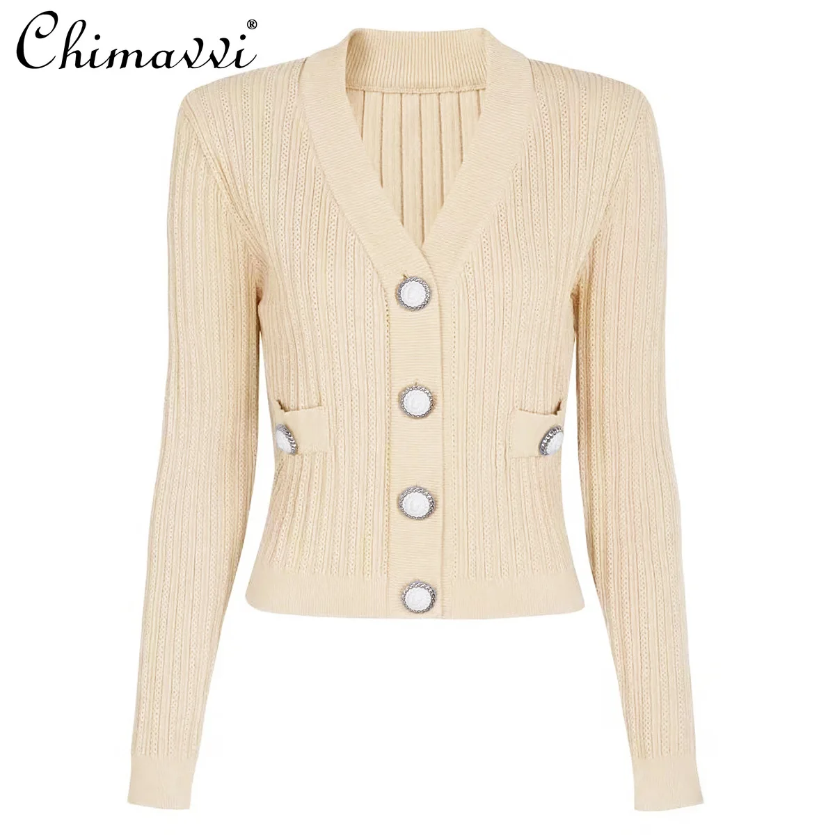 

French Elegant Fashion Commuter Versatile Cardigan V-Neck Long Sleeve Single-Breasted Slim Knitted Sweaters Tops Women Autumn