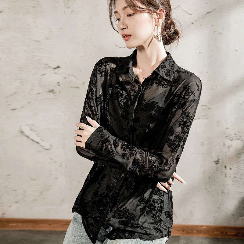 MadBlack-여성용 유럽 몰려 셔츠, 섹시한 옷깃 자수, 빈티지 긴 소매 루즈 쉬어 블라우스, 2025 여름 T54331CC