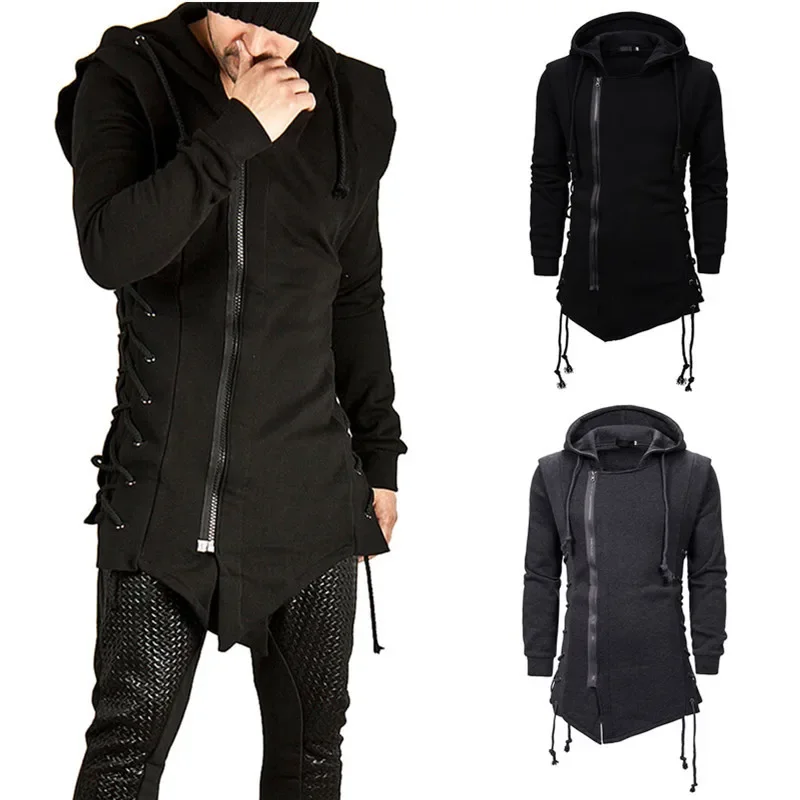 2023 Casual Solid Color Versatile Men's Sweater Dark Street Style Cross Strap Oblique Hooded Sweater Men's Coat