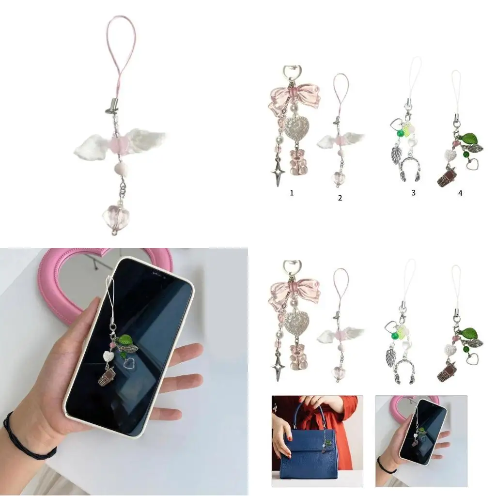 652F Fashion Bear Wing Headphone Phone Charm Straps Car Keys Hanging Pendants Y2K Bag Decoration Lanyard Purse Accessories