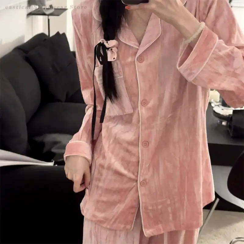 

Осень-зима, новый бархатный пижамный комплект из 2 предметов, сексуальная одежда для сна с длинными рукавами, пижамный костюм, свободная повседневная велюровая домашняя одежда, пижамы