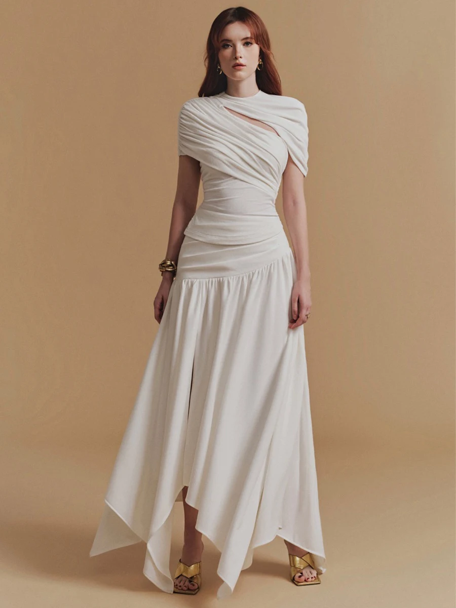 VGH temperamento Slim Fit conjuntos de dos piezas para mujer cuello redondo manga corta Top calado falda larga de cintura alta conjunto elegante Mujer