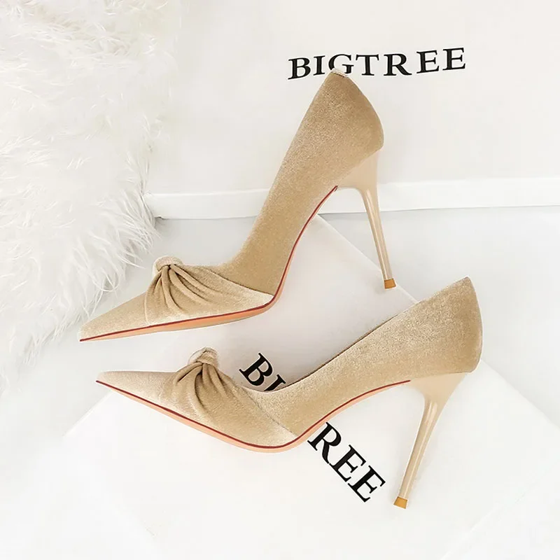 

Green Super High Heels Dress Shoes Women Sexy Pointed Toe Stiletto Heel Pumps Woman Flock Fashion Bow Slip-On Prom Shoes Female