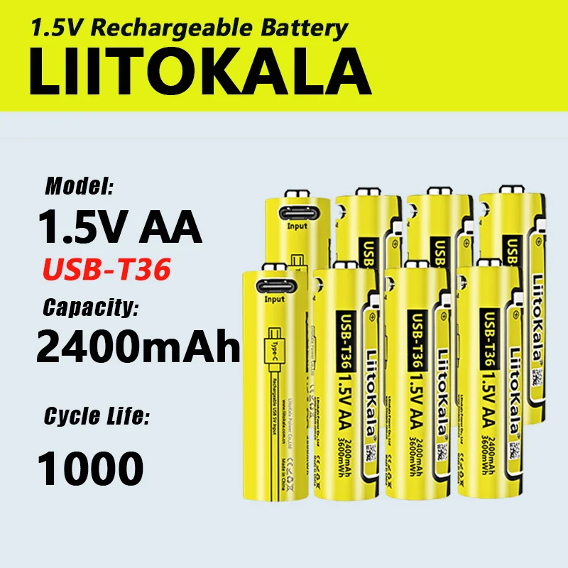 1-40pcs LiitoKala USB-T36 1.5V AA 2400mAh rechargeable li-ion battery for remote control mouse small fan Electric toy battery