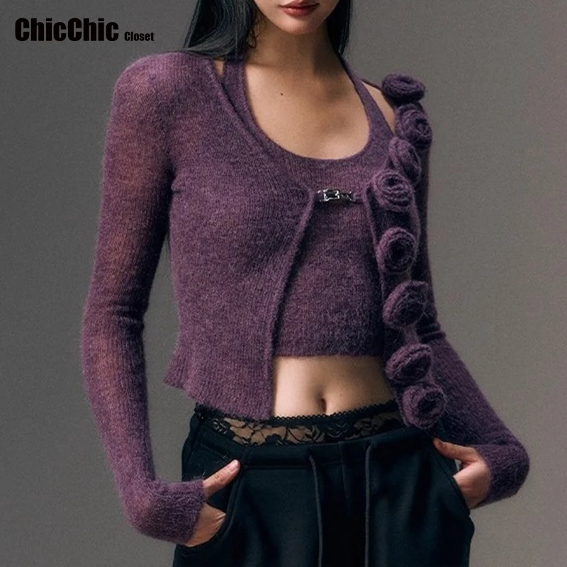 Damski kardigan z dzianiny z długim rękawem, styl koreański, czysta pokusa, seksowny wygląd, efekt wyszczuplający, dekolt z odkrytymi ramionami, nowość 2025.