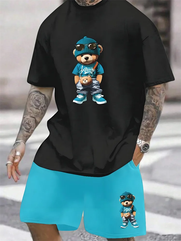 2024 New 3D Cartoon Bear Print Men\'s Set Summer Casual Everyday Men\'s Short-sleeved T-shirt Outdoor Street Fashion Beach Shorts