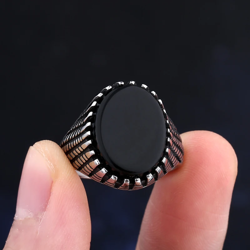 Trendy 316L Stainless Steel Gothic Accessories Black Gem Stone Ring  For Man Wome Punk Charm  Jewelry Couple&Wedding  Gift