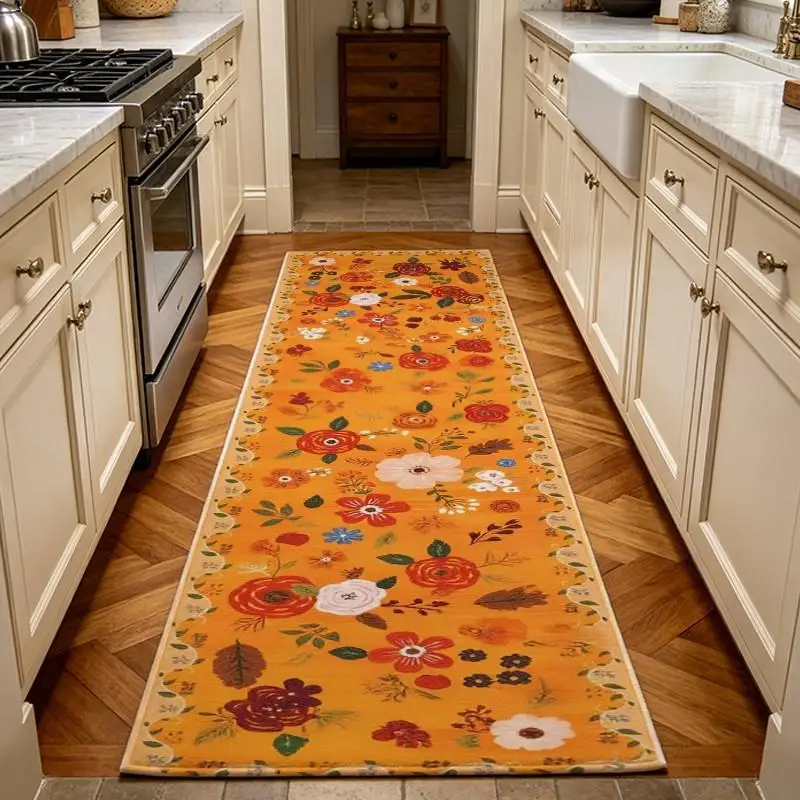 1 Piece Hand-Painted Floral Orange Rug, Soft And Comfortable, All-Season Use, Lightweight And Easy To Care, Home Decor, Room Decor, Autumn, Winter, Perfect For Living Room, Bedroom, Dining Area