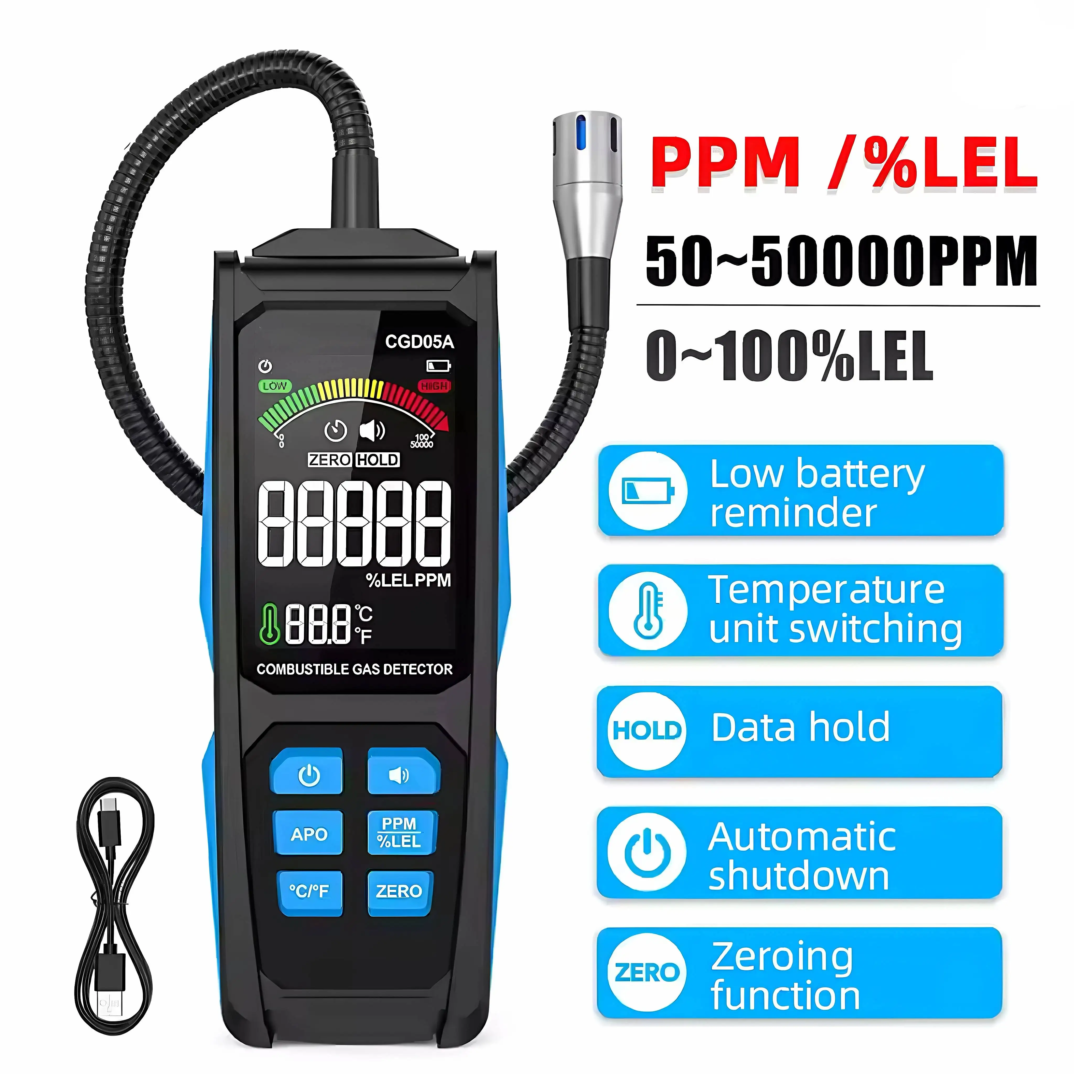 

Rechargeable Handheld Gas Leak Detector with Color Screen, PPM/LEL/VA Multi-Mode, Triple Alarm, LPG & Natural Gas Leak Tester