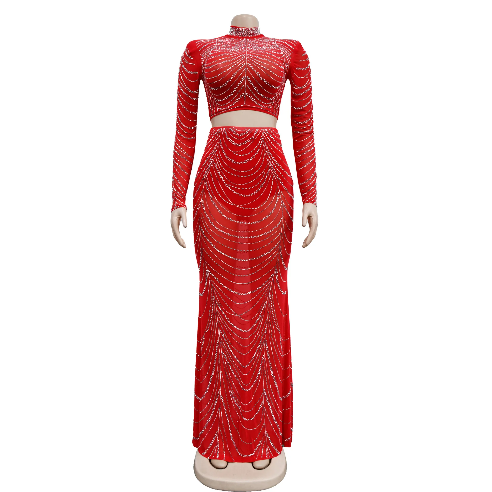 

New Fashion Sexy Long Sleeve O-neck Sequins Mesh Sheer Solid Color Slim Fit Sheath Shirt + Floor-Length Skirt Sets ,2 Colors
