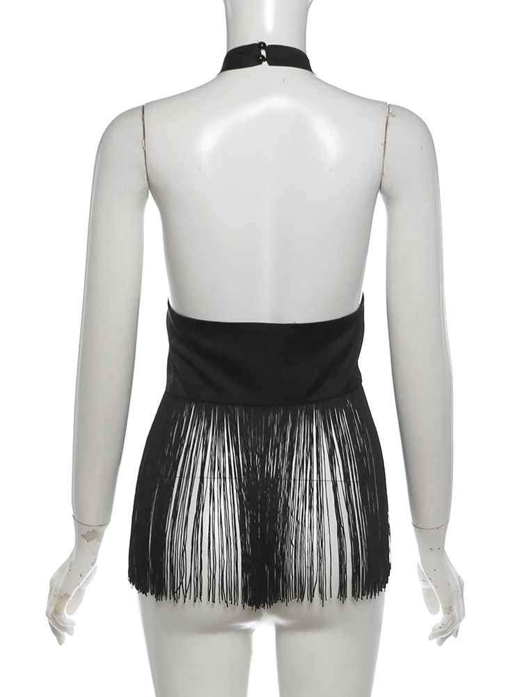 Weird Puss Weste mit unregelmäßigem Fransenabschluss, Damen, Knopfleiste, Neckholder, rückenfrei, für Musikfestivals, sexy, Midnight-Hip-Hop-Stil, Hottie-Tops – Detail 10