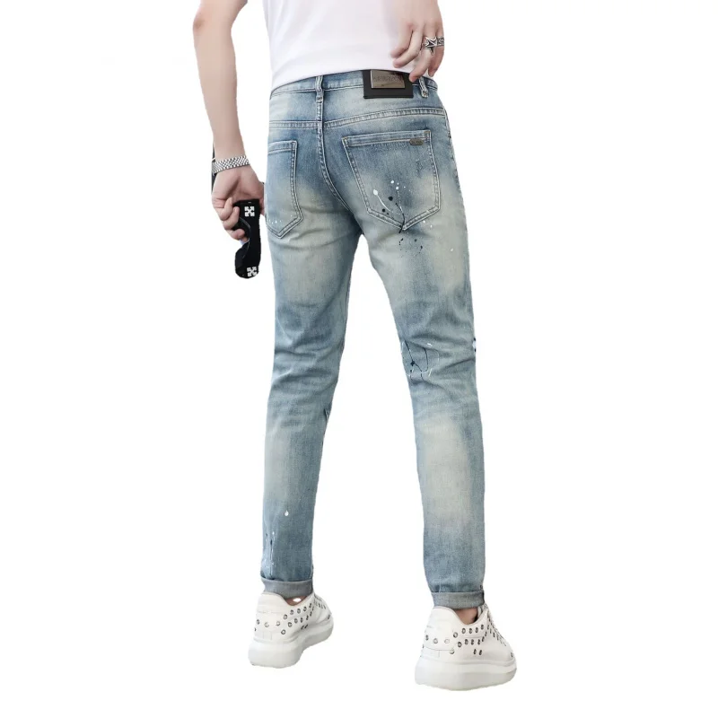 Calça jeans rasgada estampada em pintura masculina, fina e elegante, slim fit, calça casual de pés, verão, nova, 2024