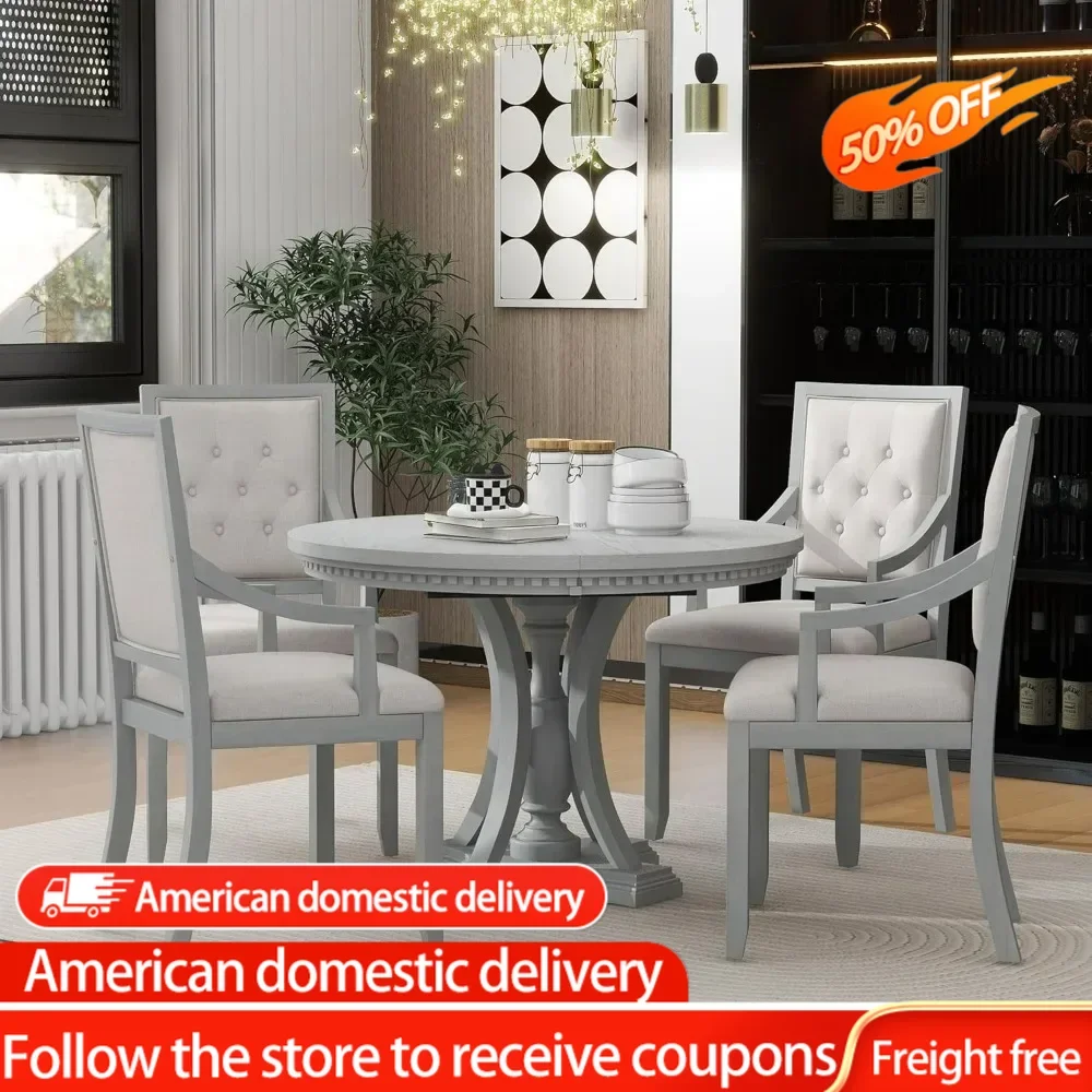 Retro 5-Piece Dining Set with Extendable Round Table and 4 Upholstered Chairs, Curved Armrests, (Antique Gray/2)