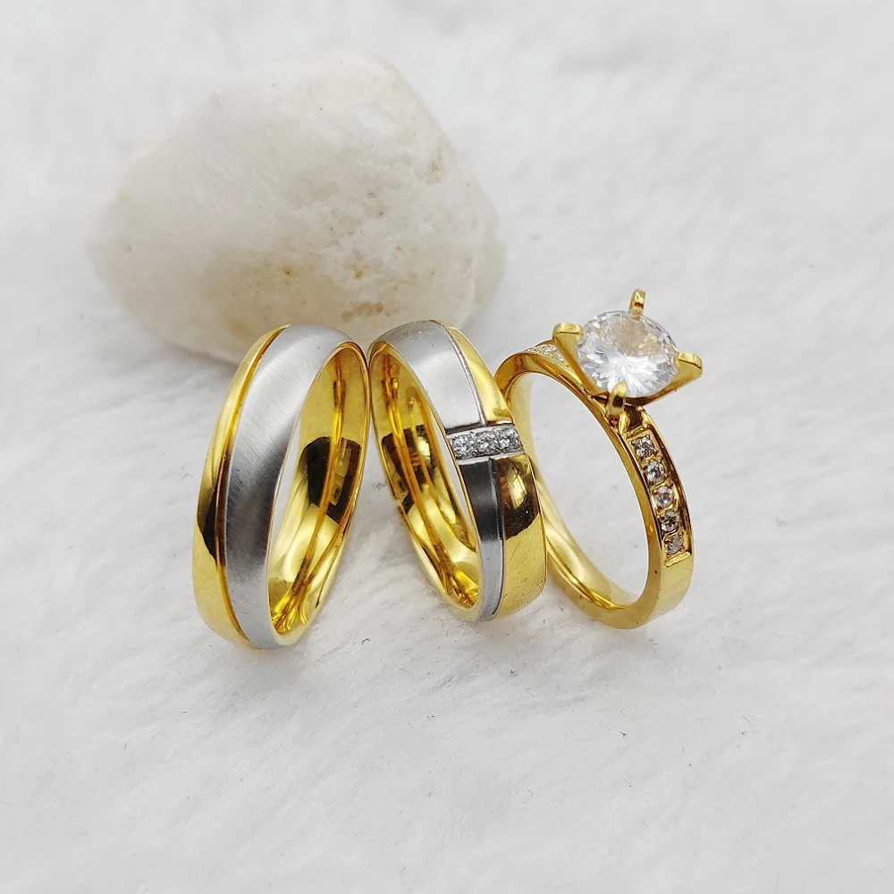 Anillos de Compromiso de boda para hombres y mujeres, joyería barata, detalles finos, conjunto nupcial de 3 piezas, anillos de titanio dorado para parejas