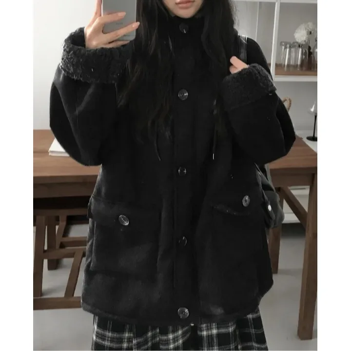 Retro Fur Cotton Jaet Hooded Dstring Women's Outerwear Korean Sle Spring Autumn Winter Casual Faion Streetwear