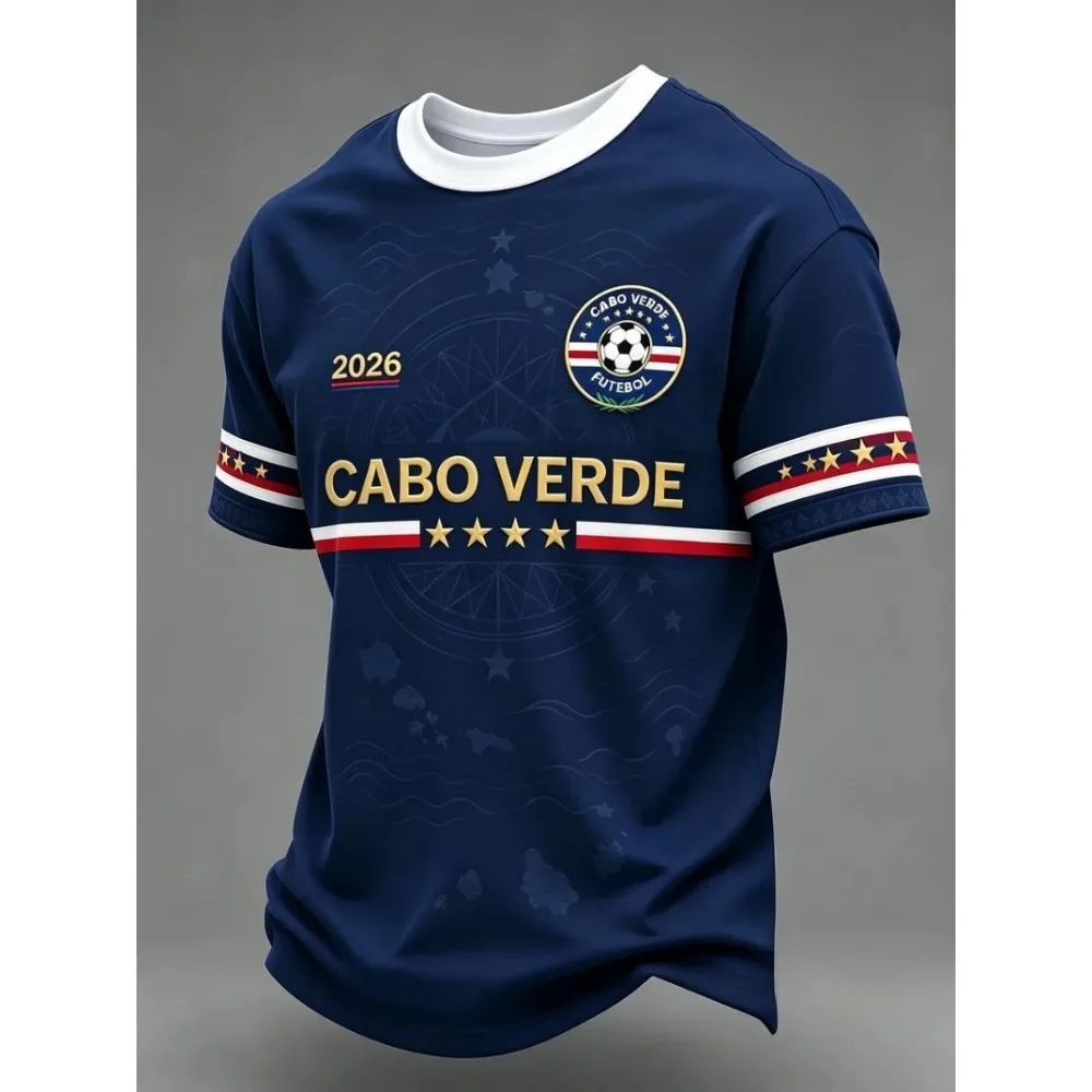Cabo Verde Summer Shark Wave Print Soccer Jersey Men Short Sleeve Crew Neck Quick Dry T-Shirt Fan Athletic Casual Training