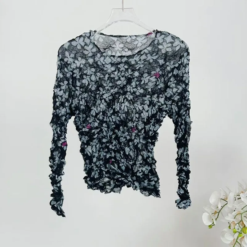 Miyake Pleated T-Shirt Women 2026 Autumn New Floral Long Sleeve Base Shirt Print Slim Fit Top Personality Versatile Fold T-Shirt