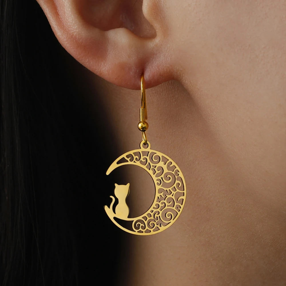 

My Shape Cat Celtics Knot Drop Earrings for Women Moon Cute Kitten Animal Dangle Earrings Stainless Steel Fashion Jewelry Female