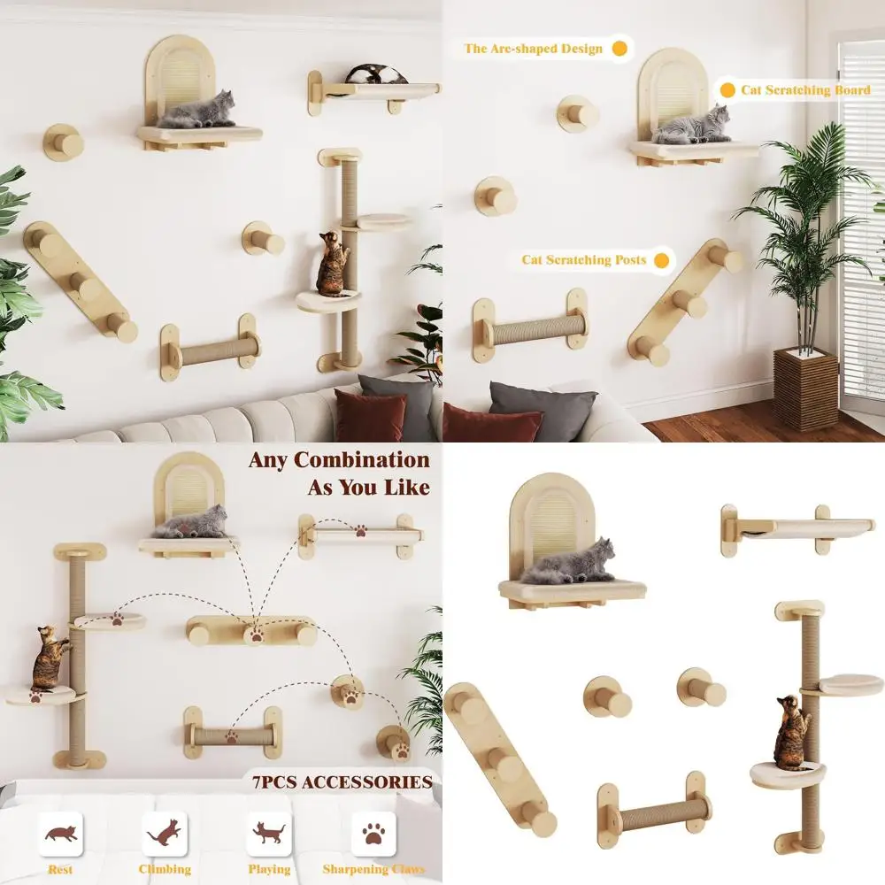

7-Piece Solid Wood Cat Wall Tree with Multi-Level Platforms, Scratching Posts, and Bed (Natural Finish)