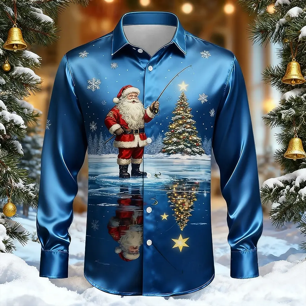 الرجال سانتا كلوز شجرة عيد الميلاد ندفة الثلج قميص فستان قميص طويل الأكمام موضة قمصان عادية في الهواء الطلق حفلة عطلة ربيع الخريف