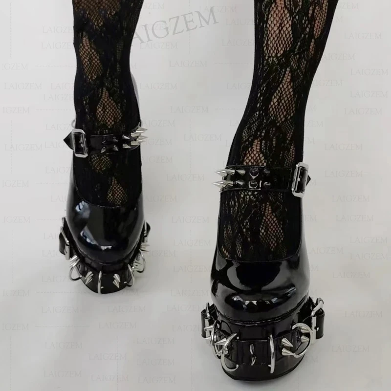 SEIIHEM Women Platform Pumps Buckle Straps Studded Chunky High Heels Sandals Gothic Cosplay Shoes Woman Big Size 39 41 42 45 47