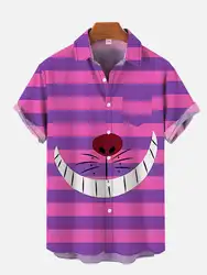 Hawaiian striped anime smiley print men's short-sleeved shirt Beach casual men's lapel top 2024 new large size men's shirt