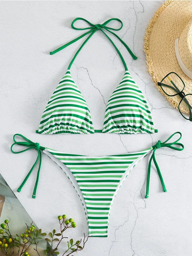 

Сексуальные полосатые бикини на шнуровке, комплект из 2 предметов, женский разделенный купальник с высокой талией, пляжные бикини, новинка 2025 года, летний купальник, комплект бикини
