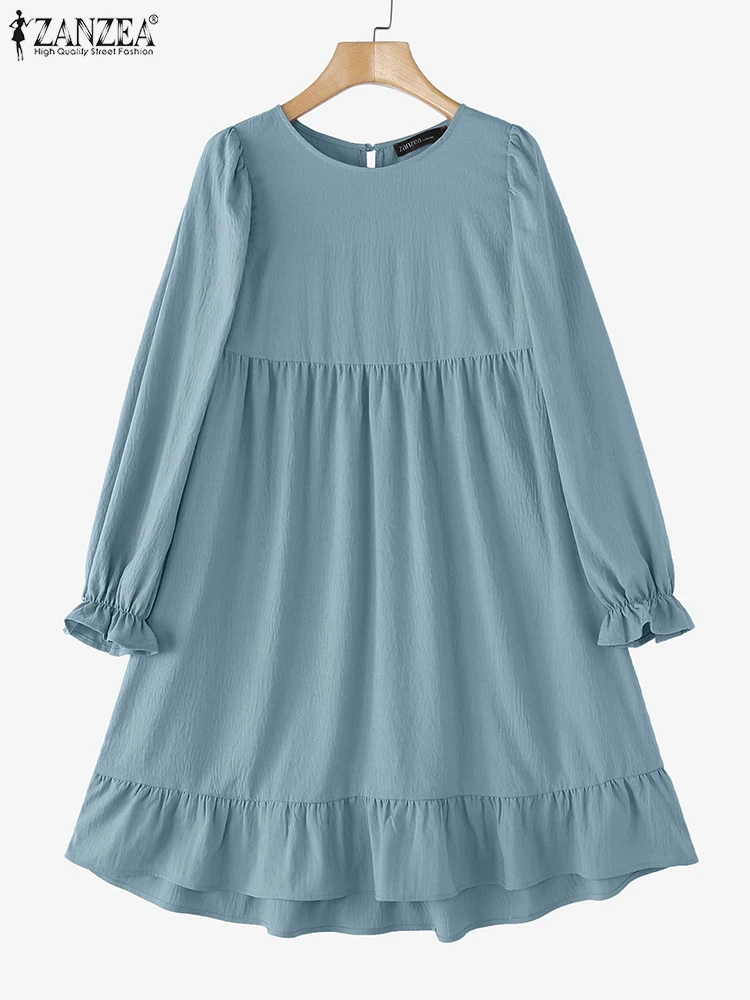 

ZANZEA Summer Dress Women Casual Loose Ruffled Sundress Solid Color Long Sleeve Patchwork Robe Femme O Neck Vestidos Oversized