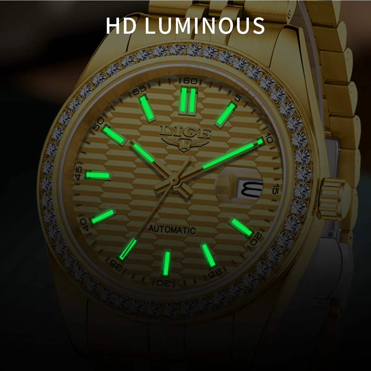 LIGE Orologio da uomo dorato Orologio meccanico automatico originale classico per uomo Relojs + scatola in acciaio inossidabile luminoso impermeabile