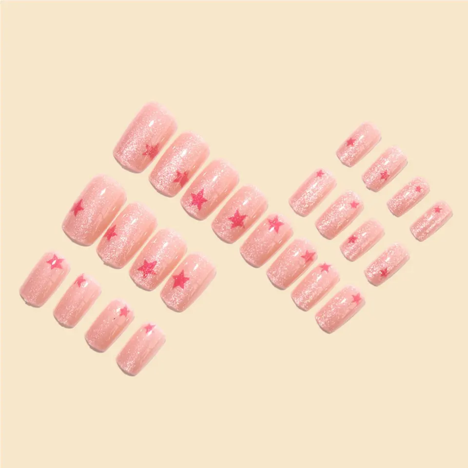 Uñas postizas color rosa nude brillante con estampado de estrellas, encanto Y2K para chicas, uñas de acrílico adhesivas, 24 piezas 2