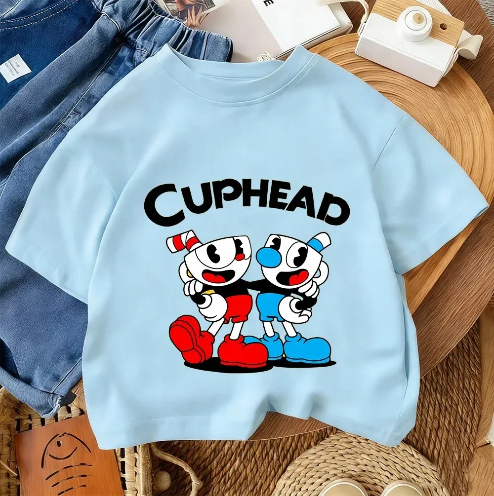 Camiseta de manga corta para niños Cuphead 2026, para niños y niñas, con personaje de juego de dibujos animados, de algodón, para verano.